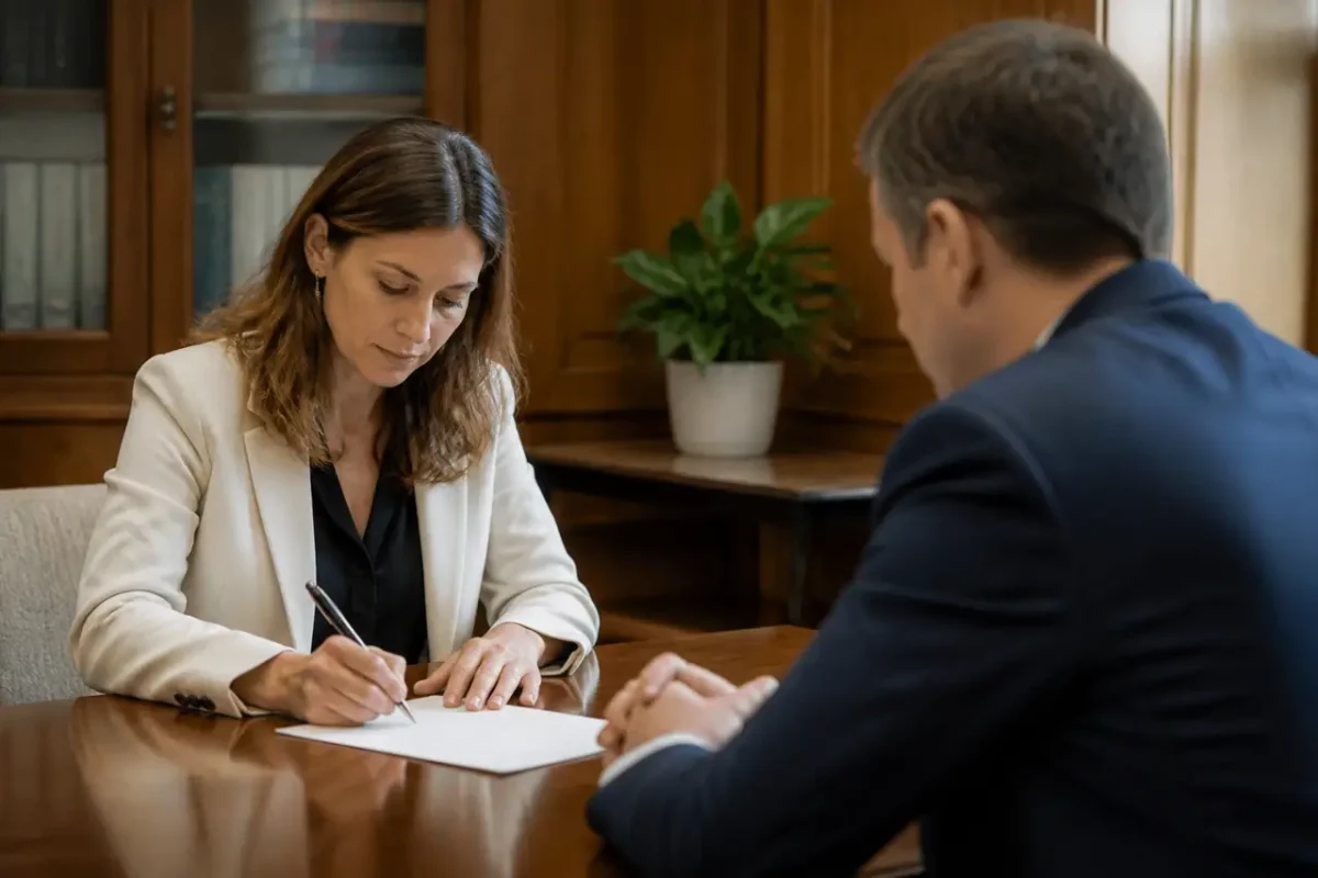 Notaire et client signant des documents au stylo
