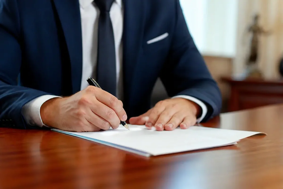 Notaire signant des documents sur un bureau en bois