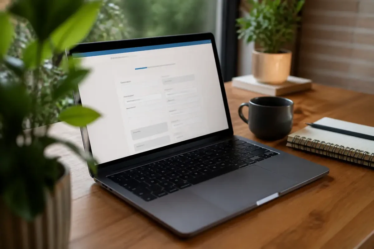 Ordinateur portable affichant un formulaire en ligne sur bureau