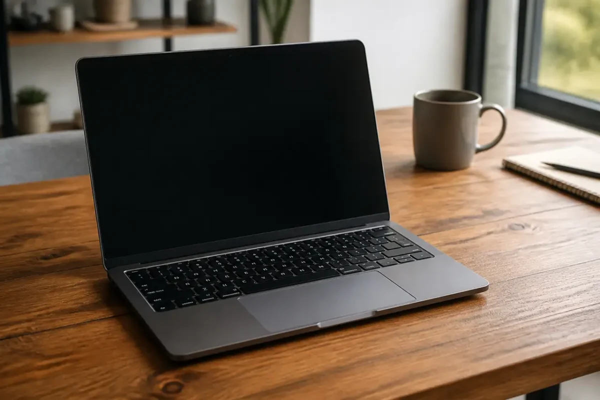 Ordinateur portable ouvert sur une table en bois