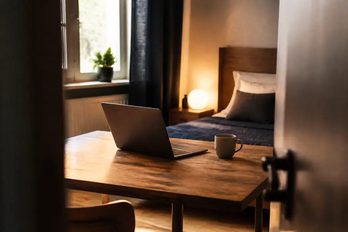 Ordinateur portable sur table en bois dans une chambre