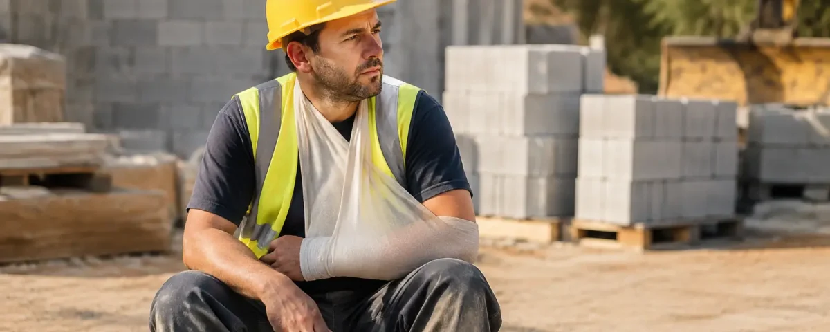 Ouvrier casque jaune bras en echarpe assis sur palette