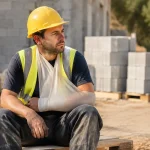 Ouvrier casque jaune bras en echarpe assis sur palette