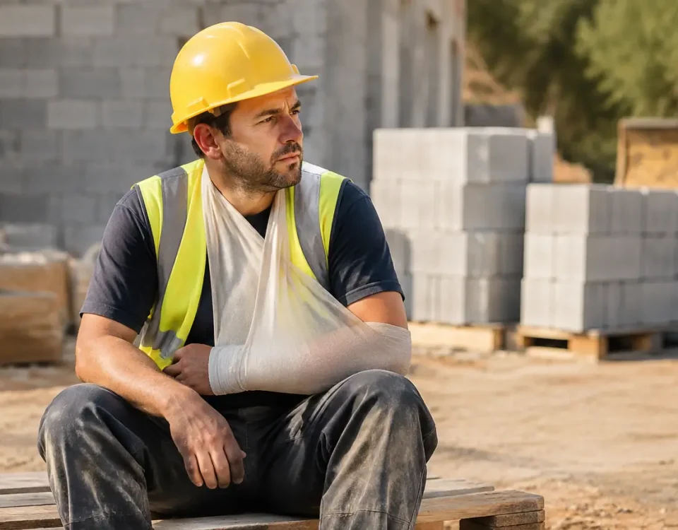 Ouvrier casque jaune bras en echarpe assis sur palette