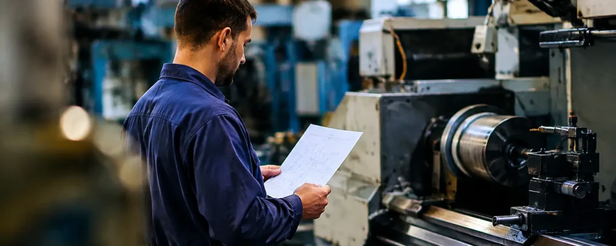 Ouvrier debout tenant un bulletin devant des machines industrielles