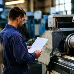 Ouvrier debout tenant un bulletin devant des machines industrielles