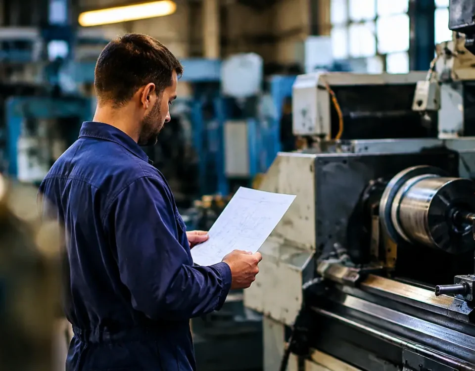 Ouvrier debout tenant un bulletin devant des machines industrielles