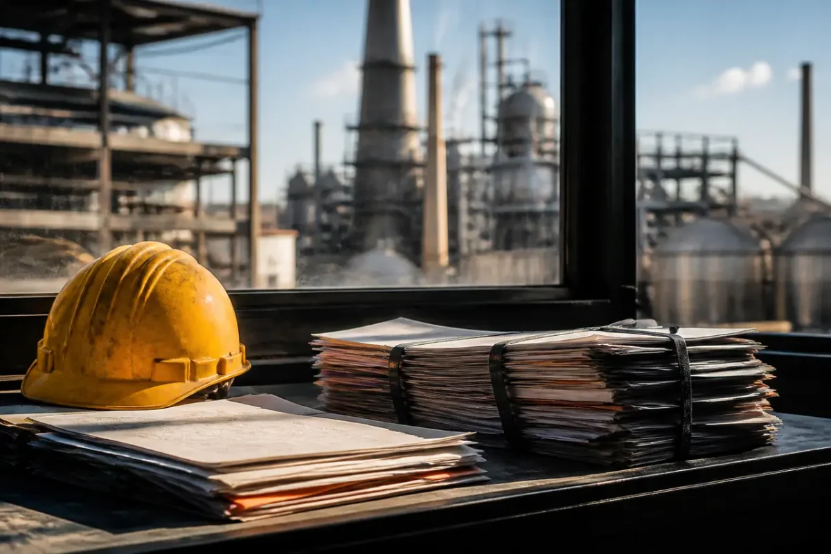 Ouvriers devant une usine, casques jaunes et dossiers papier