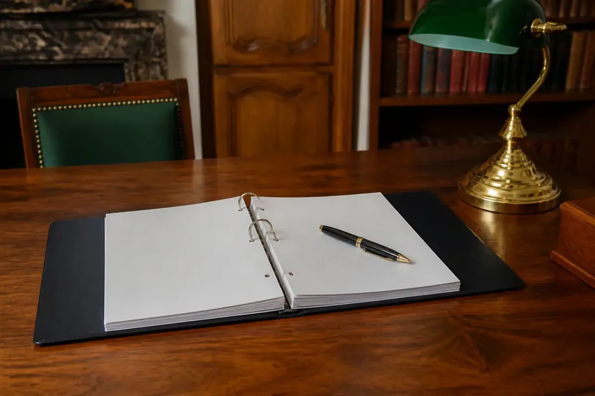 Personne assise au bureau avec stylo et dossier ouvert