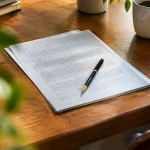 Personne lisant document papier avec stylo sur bureau