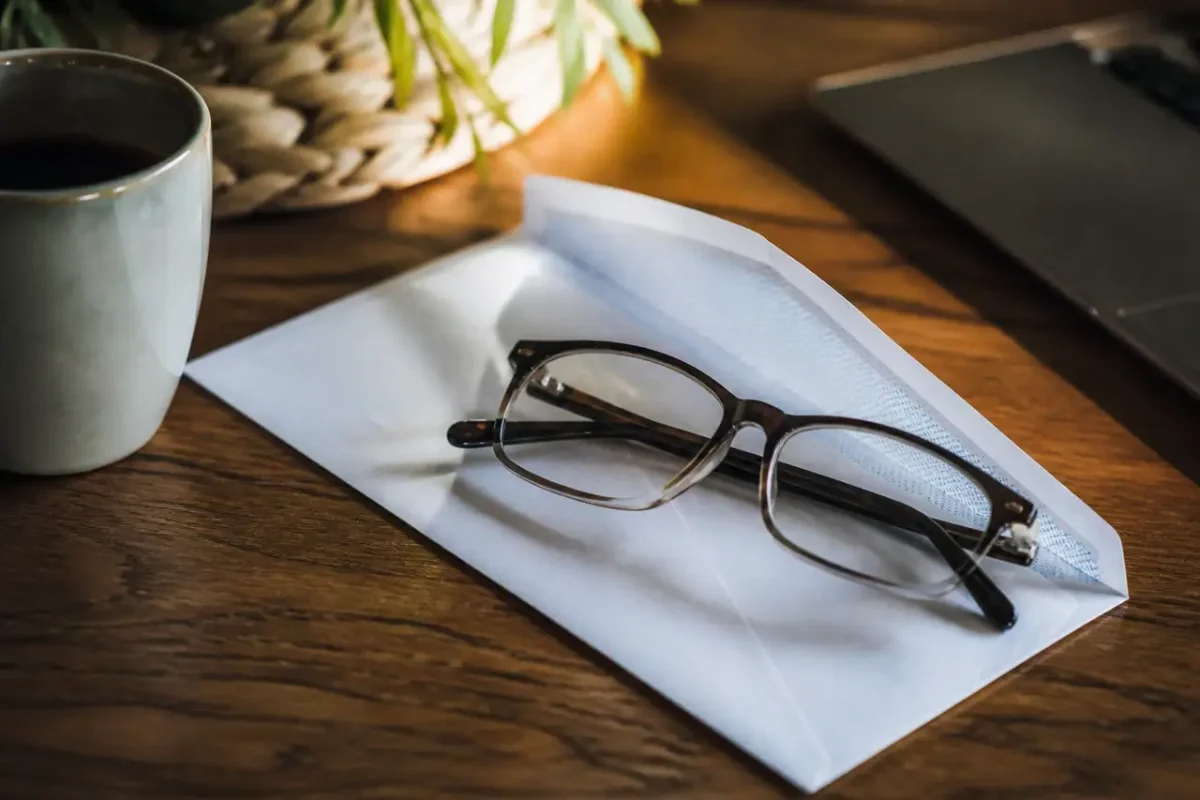 Personne lisant une lettre de banque avec des lunettes
