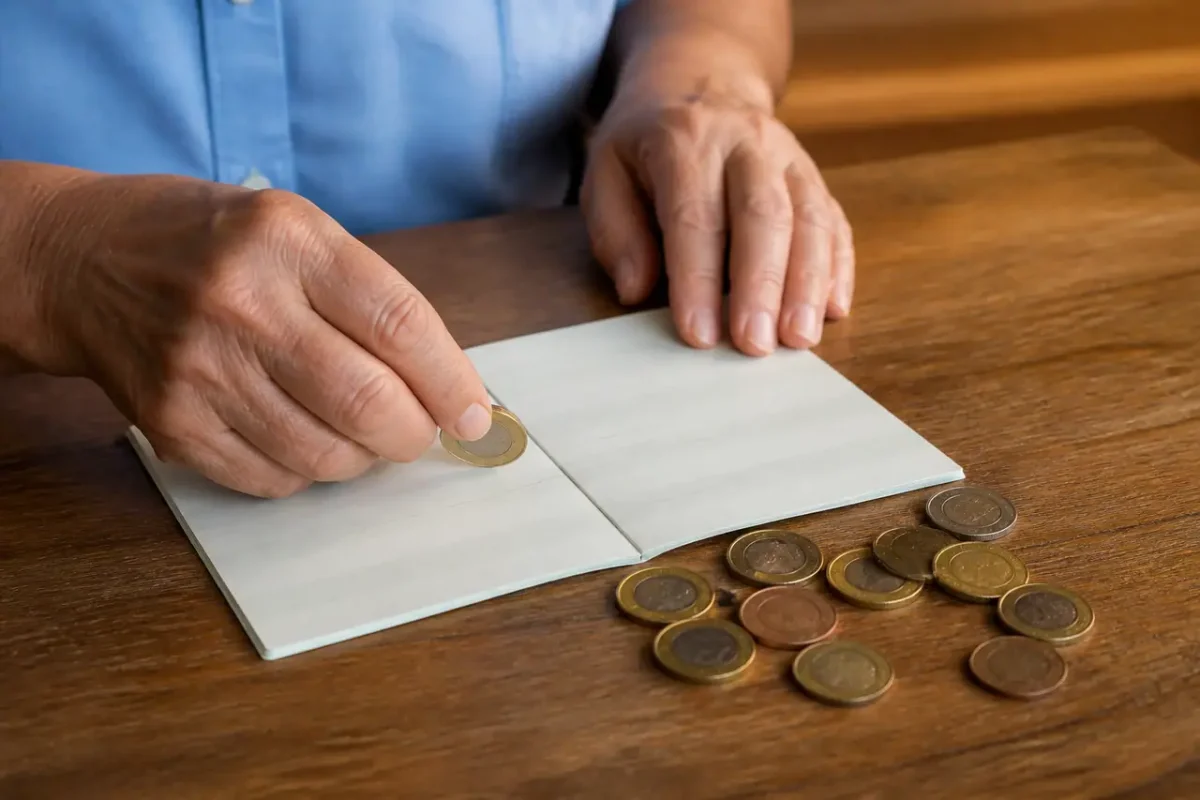 Main posant des pieces sur un carnet bancaire ouvert