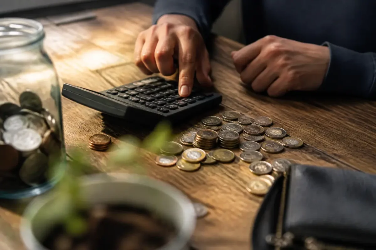 Pieces de monnaie et calculatrice sur un bureau