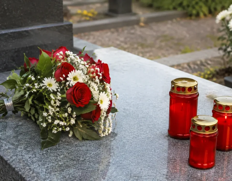 Pierre tombale grise avec bougies rouges et fleurs posees