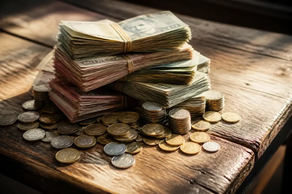 Pile de billets et pieces sur table en bois
