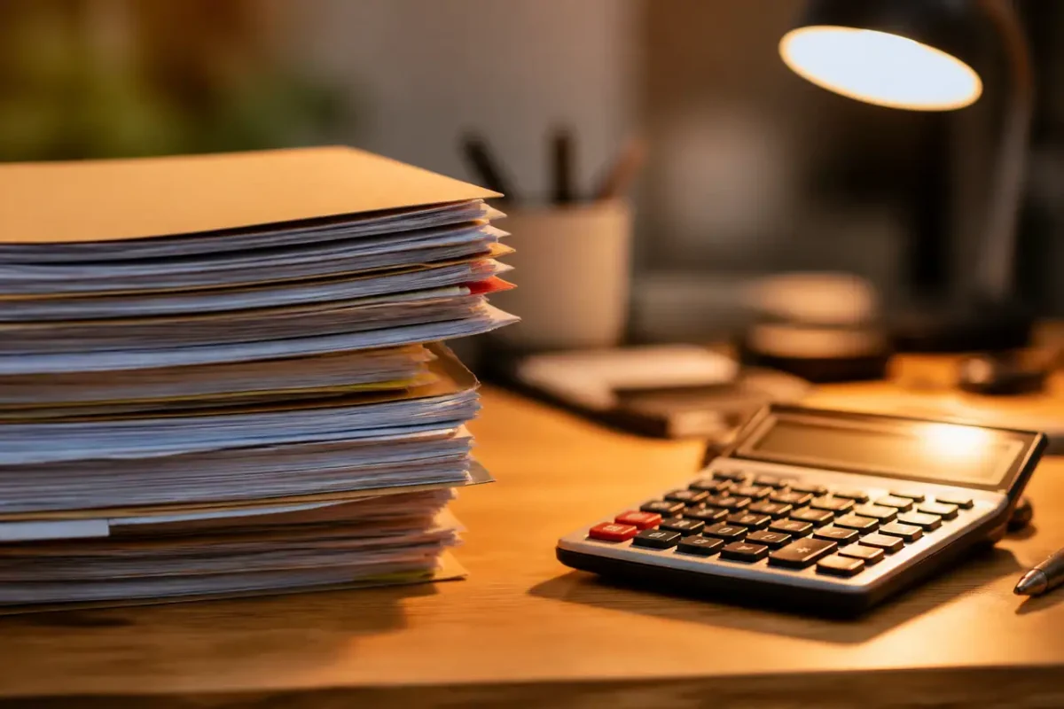 Pile de dossiers et calculatrice sur bureau en bois