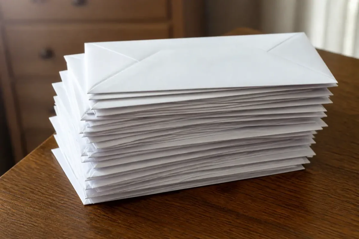 Pile de lettres fermees sur une table en bois