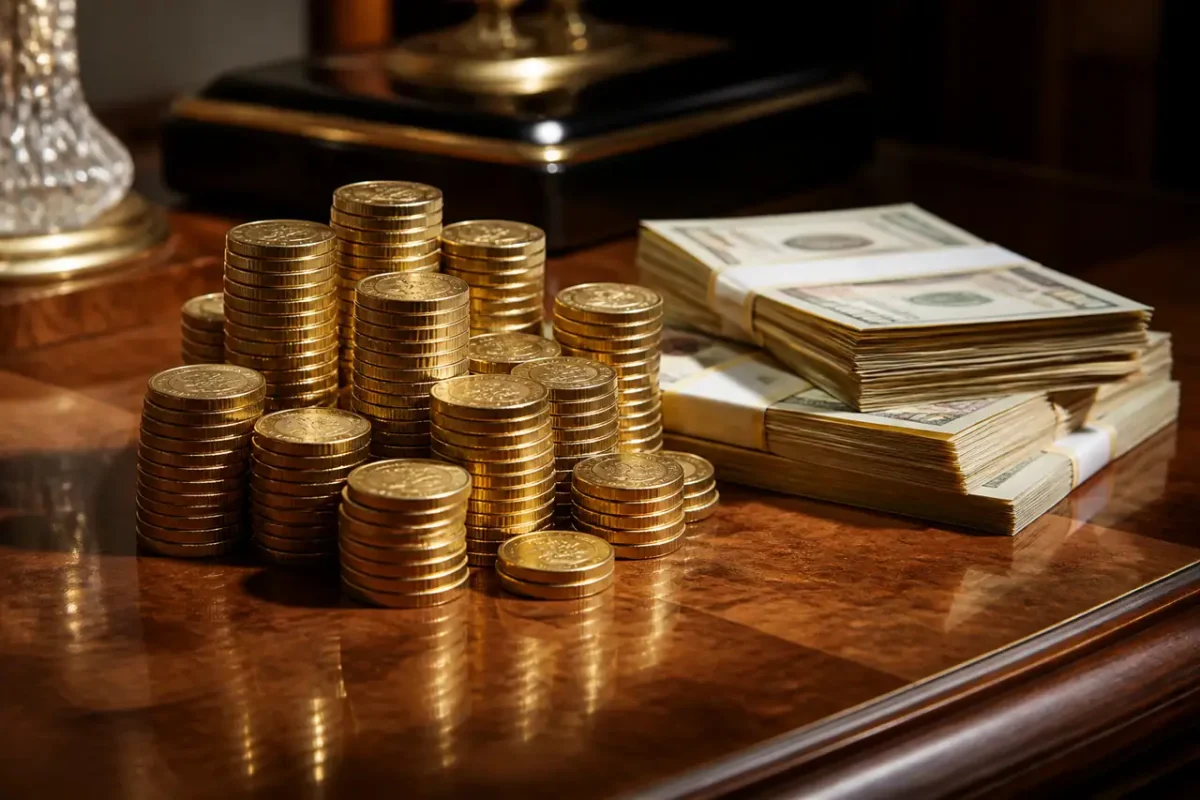 Pile de pieces dorees et billets sur bureau