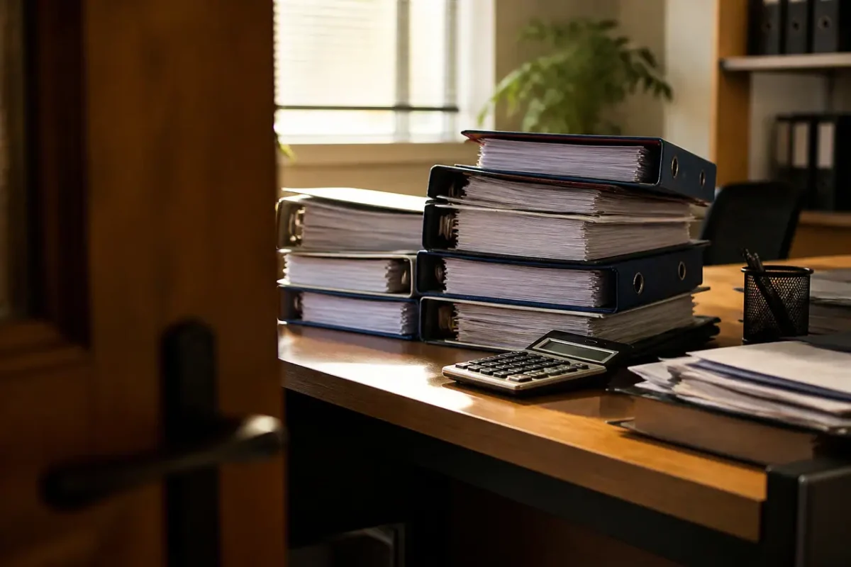 Piles de classeurs et calculatrice sur un bureau