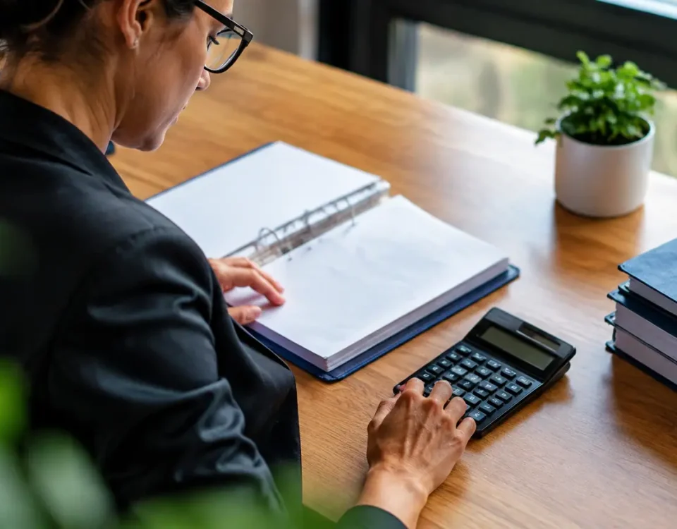 Professionnel assis devant un bureau avec calculatrice et classeur