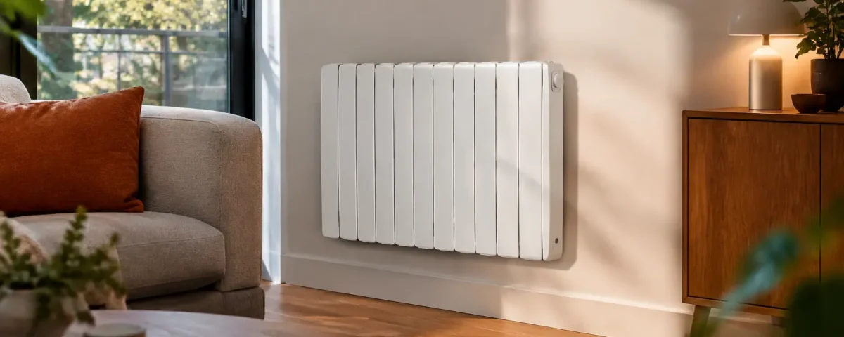 Un radiateur electrique blanc fixe au mur d'un salon