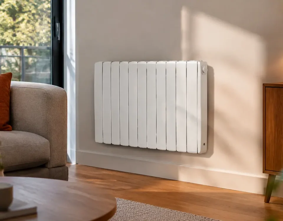 Un radiateur electrique blanc fixe au mur d'un salon