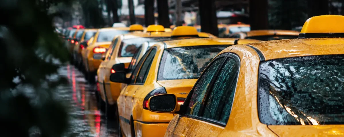 Rangee de taxis jaunes immobilises sous la pluie battante