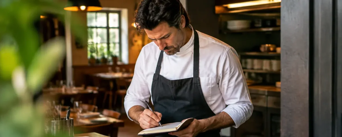 Restaurateur debout en tablier note des chiffres sur carnet