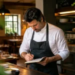 Restaurateur debout en tablier note des chiffres sur carnet