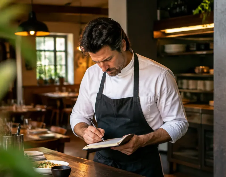 Restaurateur debout en tablier note des chiffres sur carnet