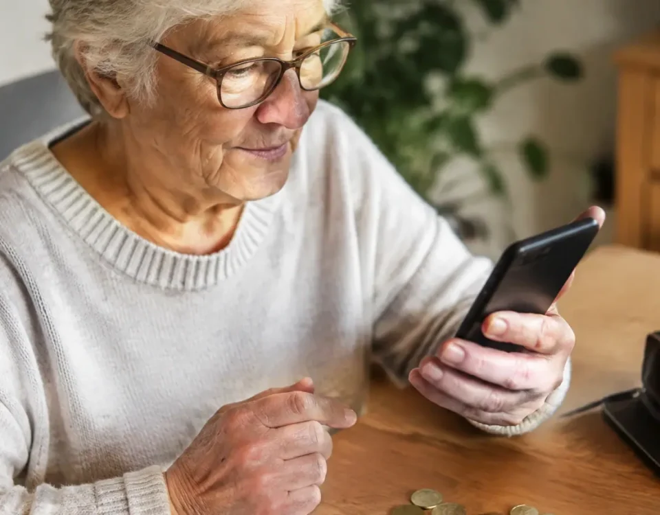 Retraitee assise tenant un smartphone pres de pieces