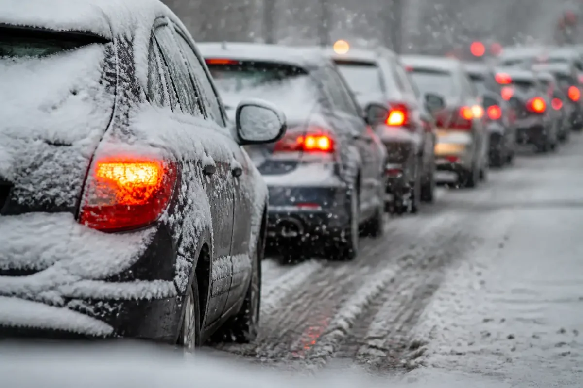 Route enneigee et voitures ralenties sous la neige