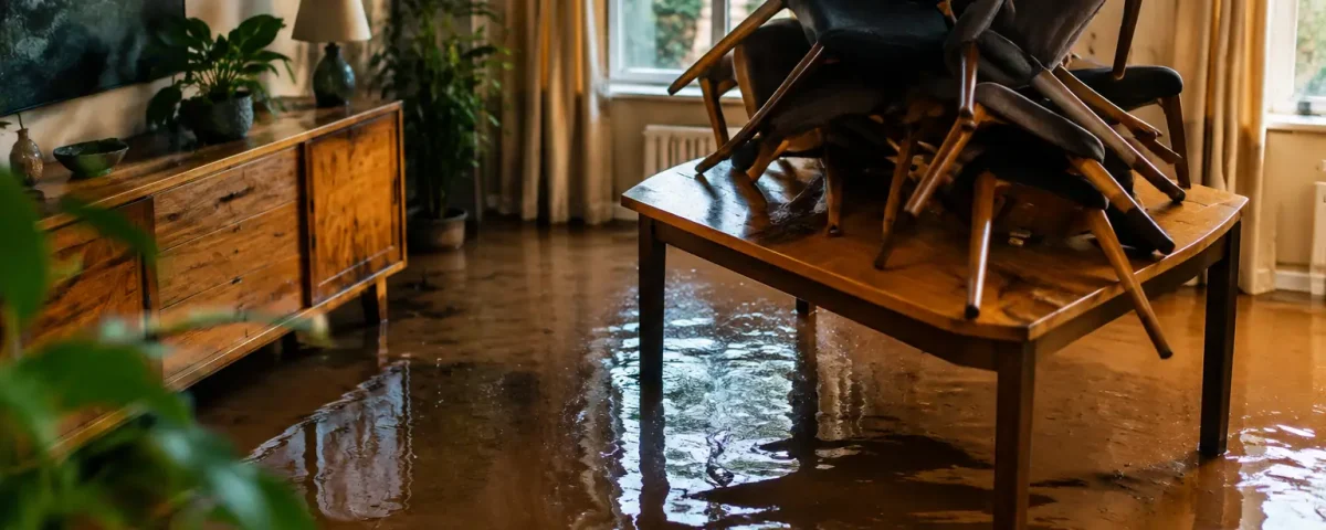 Salon envahi par eau brune chaises empilees sur table