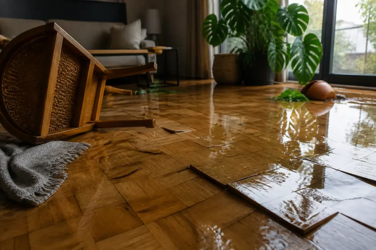 Salon inonde avec parquet gonfle et chaise renversee