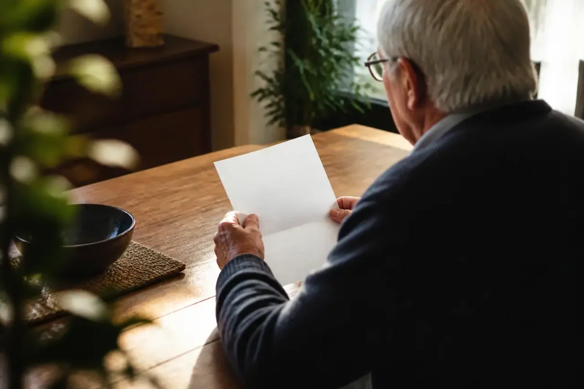 Senior assis lisant un courrier sur table en bois