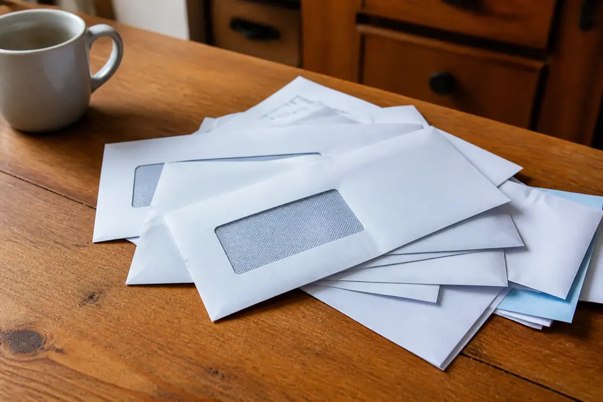 Seniors examinant des courriers sur une table en bois