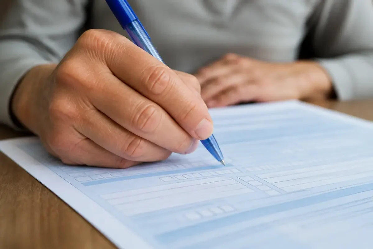 Main tenant un stylo bleu sur un formulaire fiscal