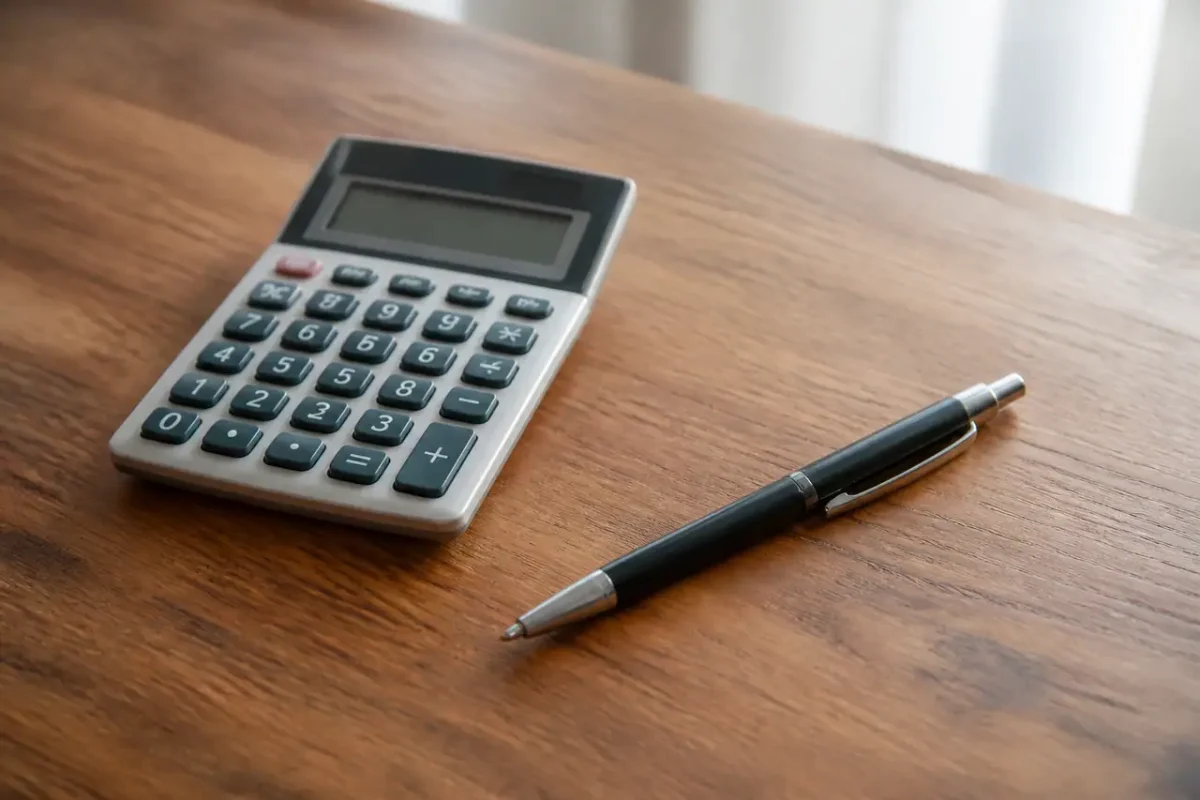 Un stylo et une calculatrice sur un bureau