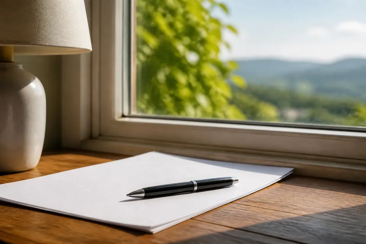 Stylo pose sur un document pres de la fenetre