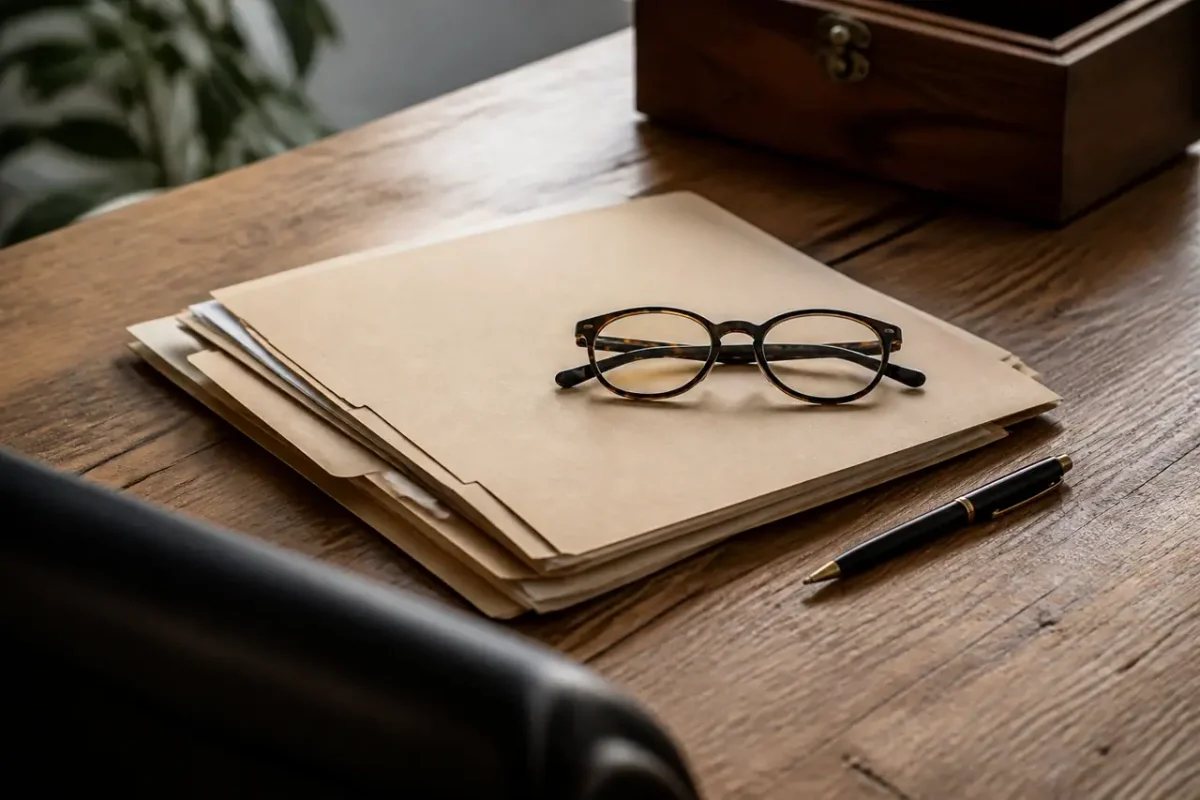 Table en bois avec dossiers, stylo et lunettes