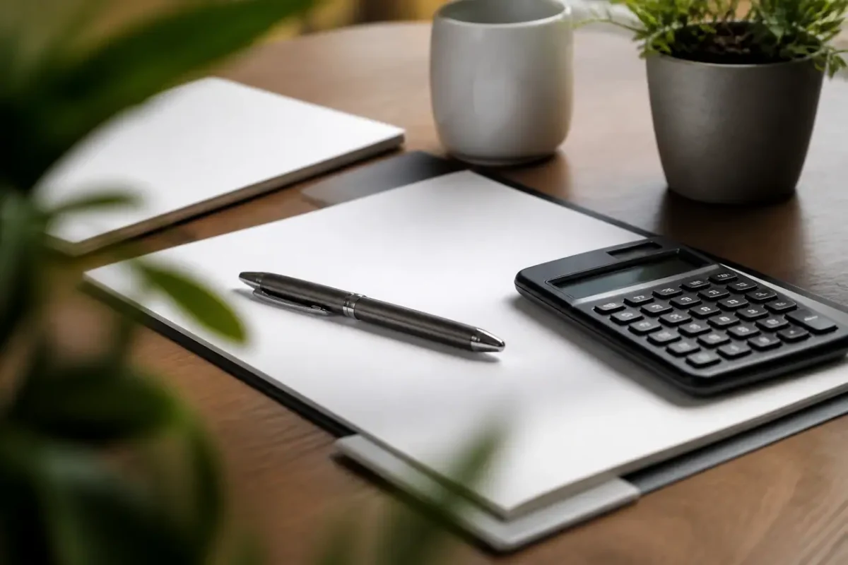 Table de bureau avec devis imprime, stylo et calculatrice