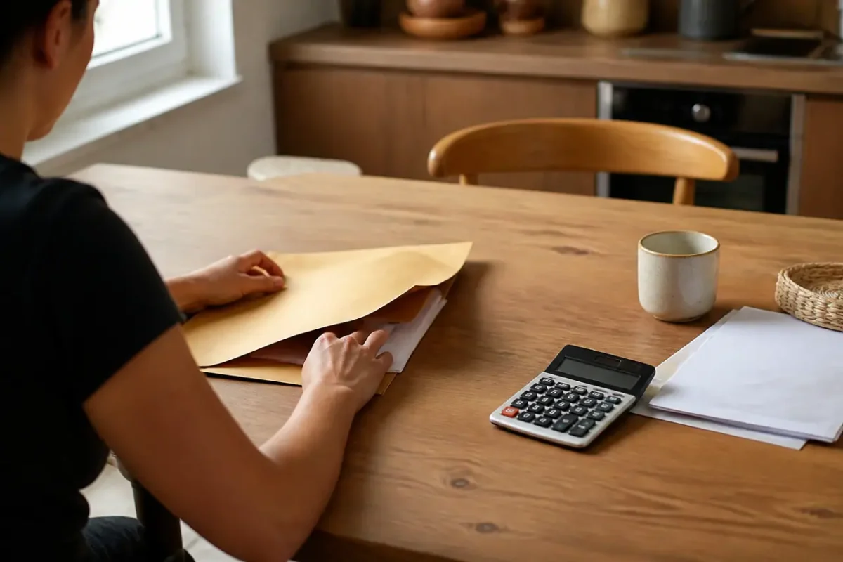 Table de cuisine avec enveloppe administrative et calculatrice
