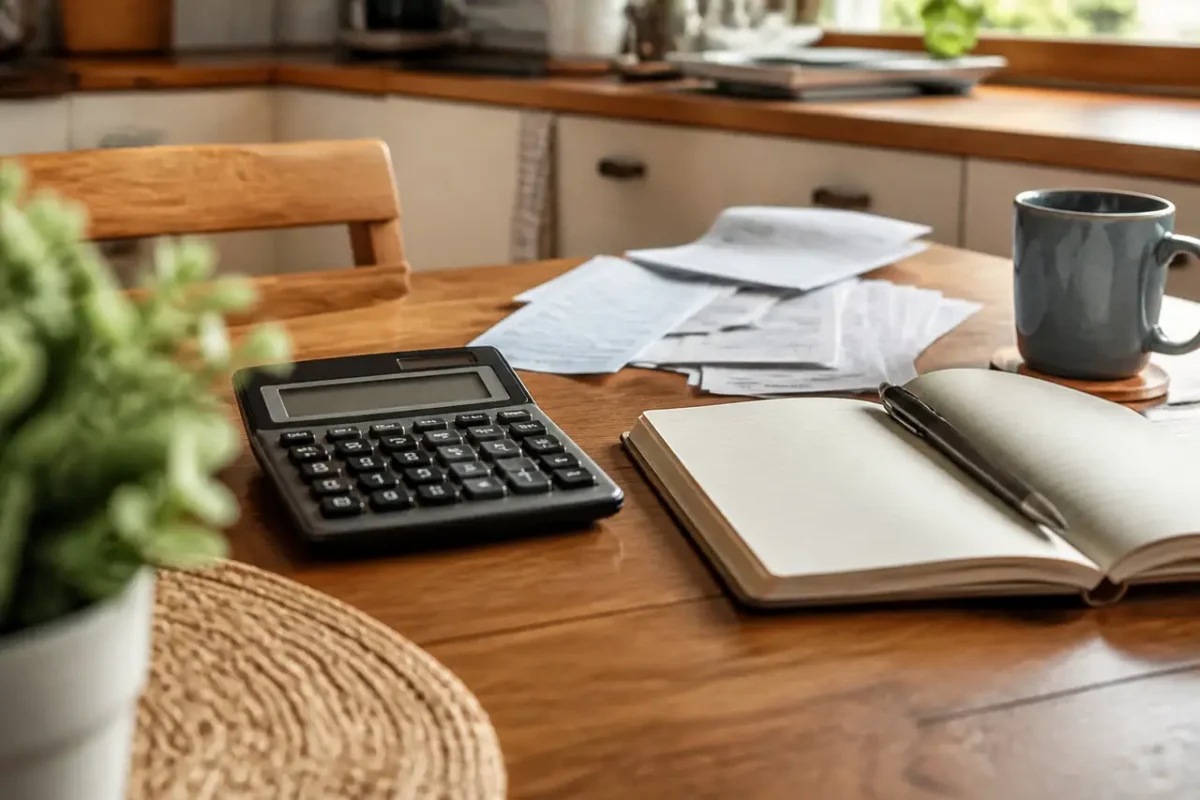 Table de cuisine avec factures, calculatrice et carnet ouvert