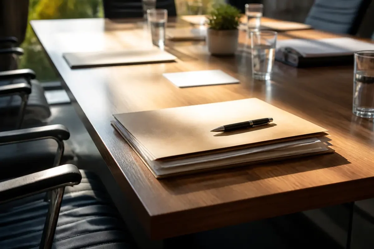 Table de reunion en bois avec dossiers et stylo