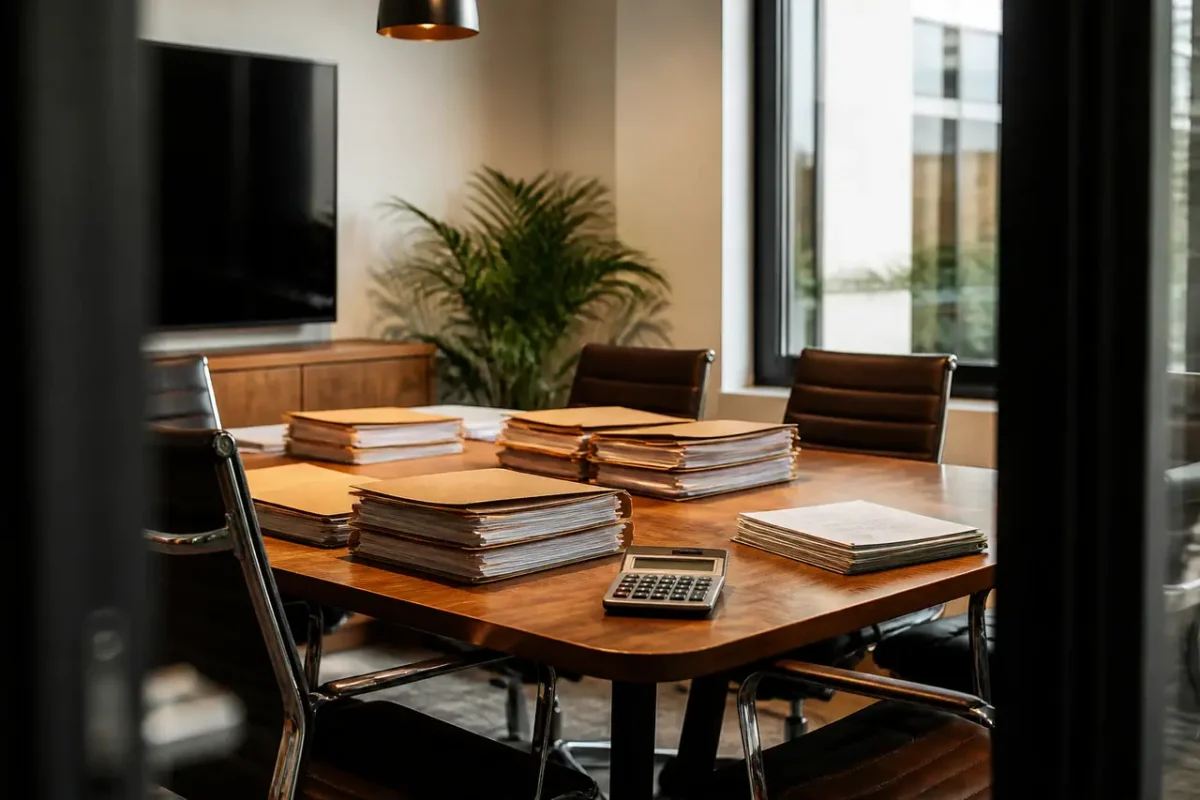 Table de reunion avec dossiers papier et calculatrice