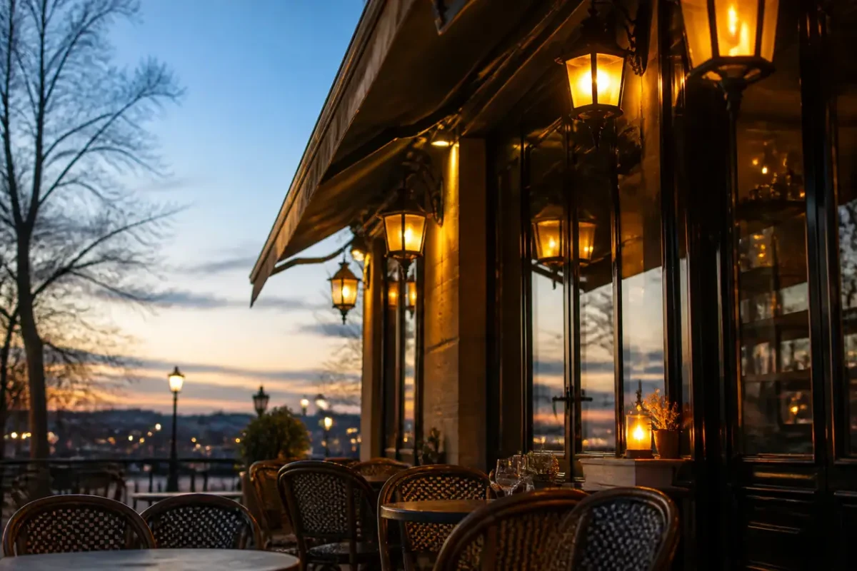 Terrasse de cafe eclairee par des lampes au crepuscule