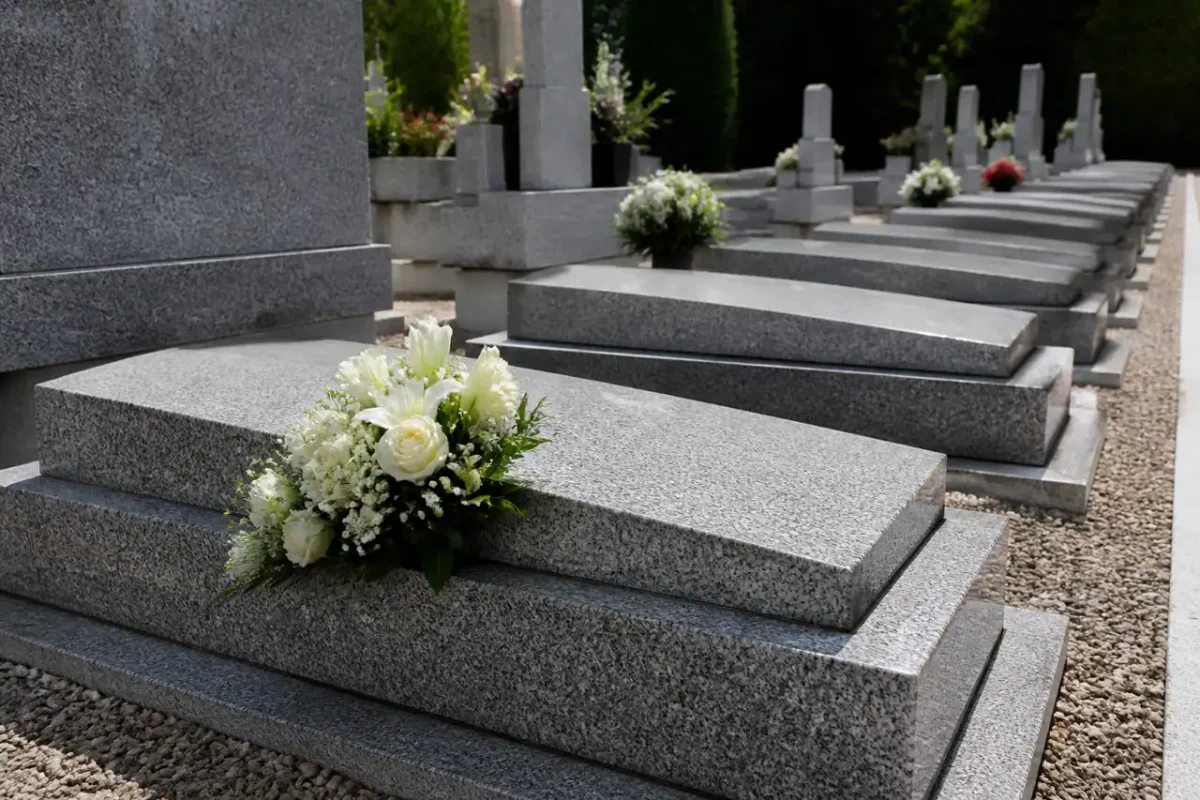 Tombes en pierre grise alignees, bouquet de fleurs blanches