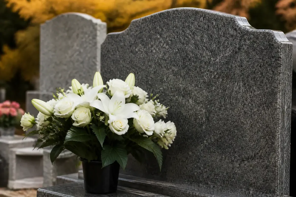 Tombes en pierre grise et bouquet de fleurs blanches