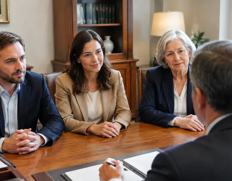 Trois adultes assis face au notaire dans son bureau