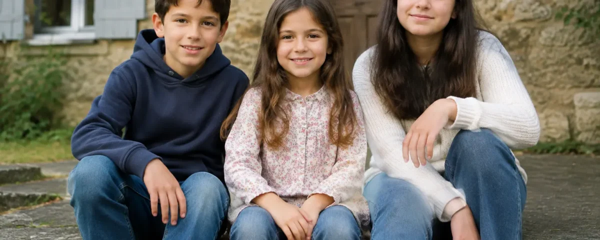 Trois freres et soeurs assis devant une vieille maison